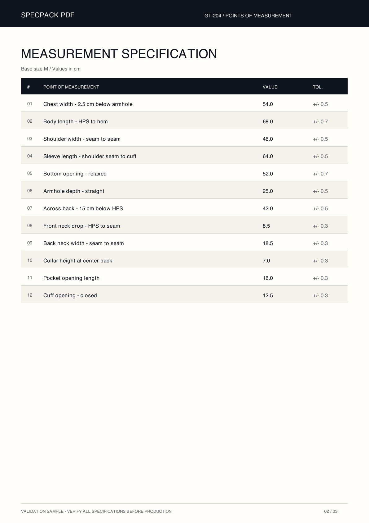 Measurement specification page from the SpecPack PDF sample
