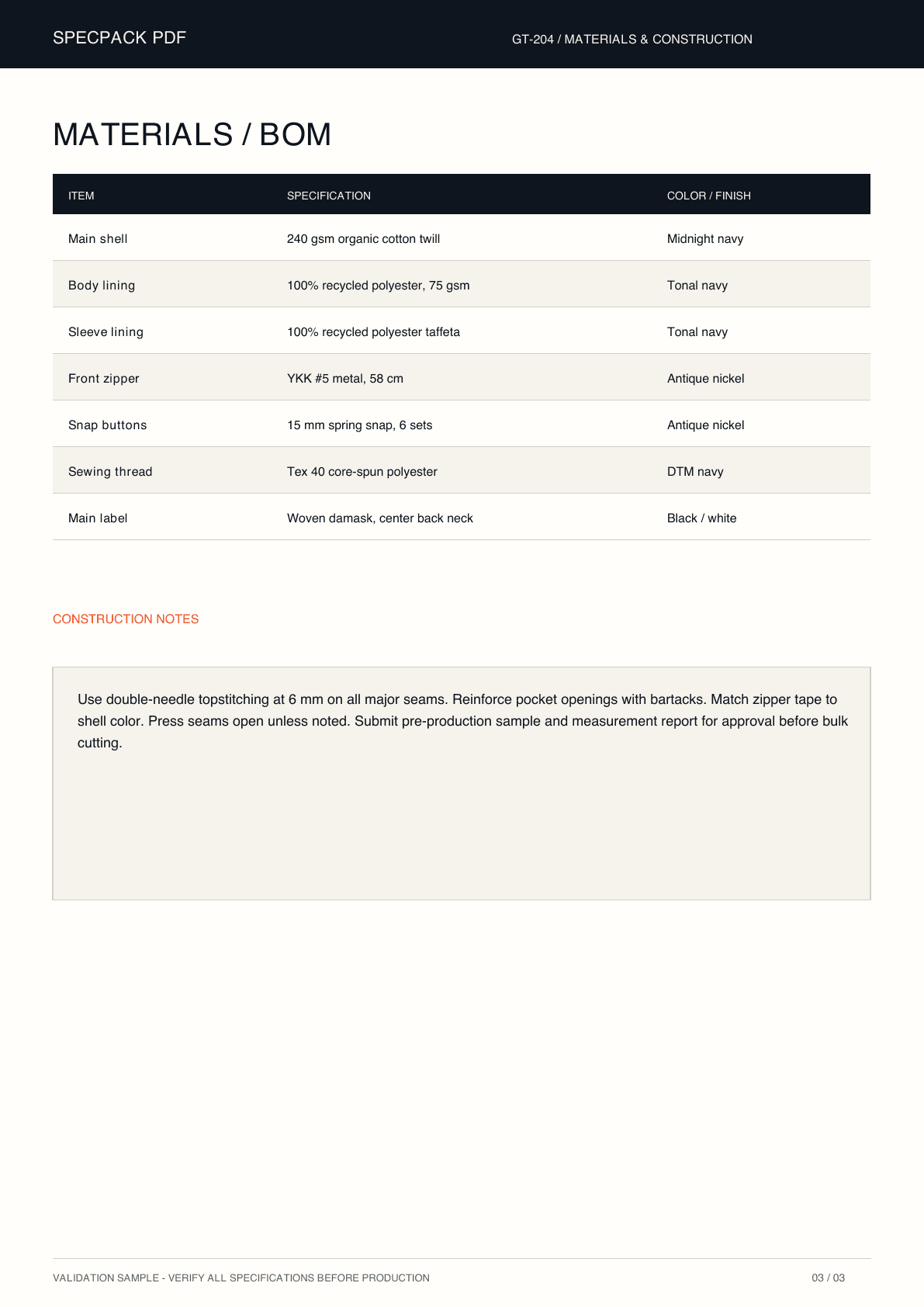 Materials and construction page from the SpecPack PDF sample